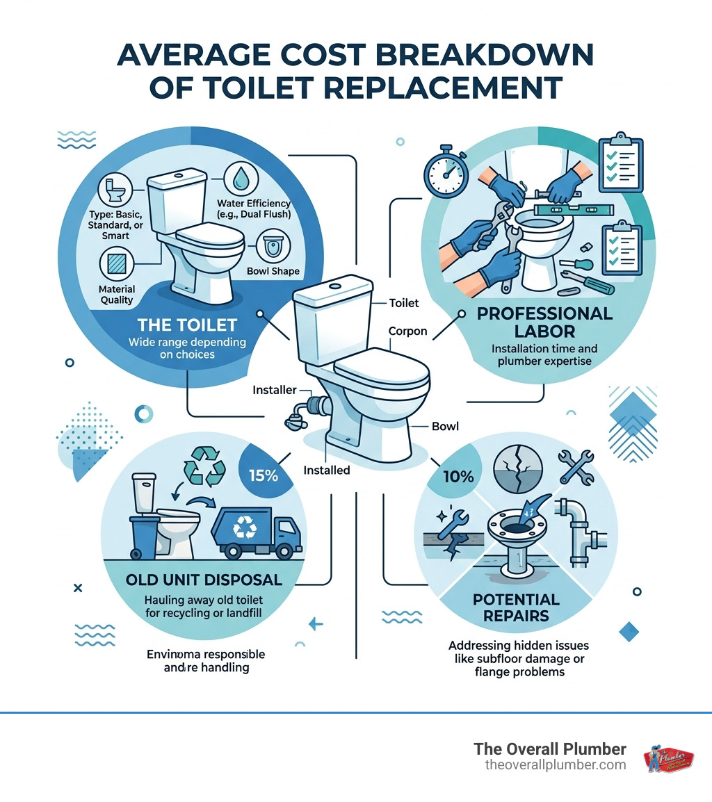 Average cost breakdown of toilet replacement including toilet, labor, disposal, and repairs - cost of toilet replacement Average cost breakdown of toilet replacement including toilet, labor, disposal, and repairs - cost of toilet replacement