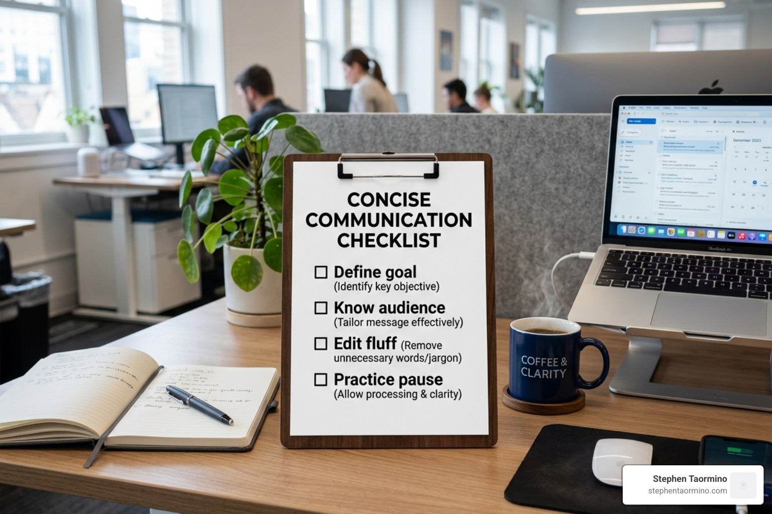 Concise communication checklist: Define goal, Know audience, Edit fluff, Practice pause - Impactful communication skills Concise communication checklist: Define goal, Know audience, Edit fluff, Practice pause - Impactful communication skills