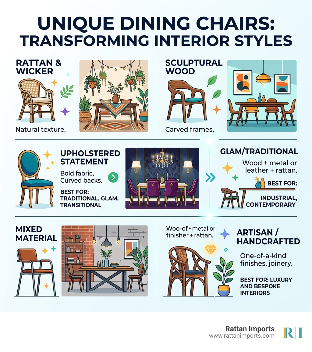 Infographic showing how unique dining chair types transform interior styles - unique dining chairs infographic 