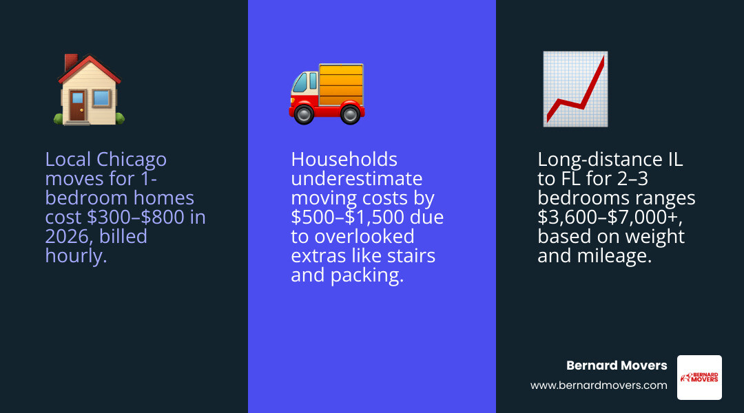 2026 moving cost factors infographic showing local vs long-distance pricing, peak season, home size, and add-on fees