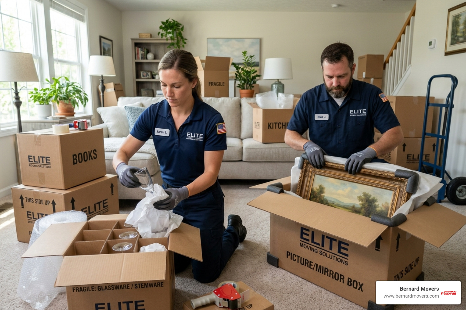 professional movers carefully packing fragile glassware and artwork into specialized boxes - moving service price estimate