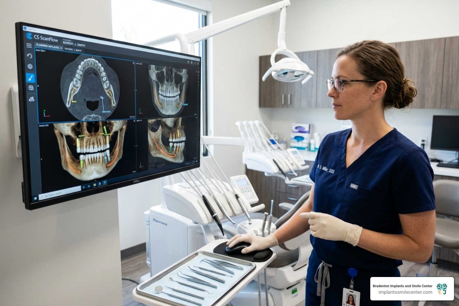 A dentist reviewing a 3D CBCT scan of a patient's jawbone to plan implant placement - dental implants cost