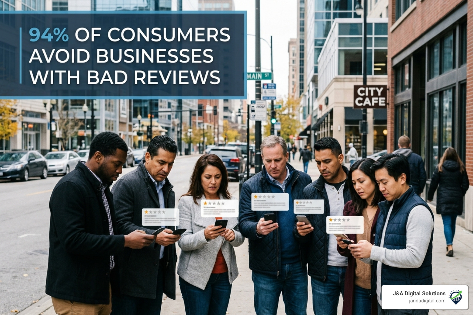 Statistics showing that 94% of consumers avoid businesses with bad reviews - social media reputation management Statistics showing that 94% of consumers avoid businesses with bad reviews - social media reputation management