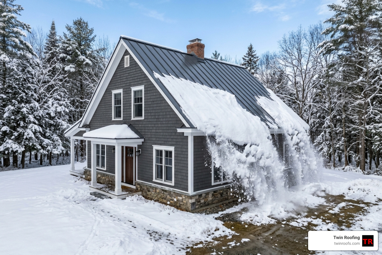 metal roof shedding a heavy snow load in a New England winter - shingle and metal roofs