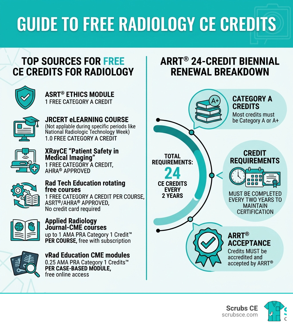 Infographic showing top sources for free CE credits for radiology and ARRT® 24-credit biennial renewal breakdown - free ce Infographic showing top sources for free CE credits for radiology and ARRT® 24-credit biennial renewal breakdown - free ce