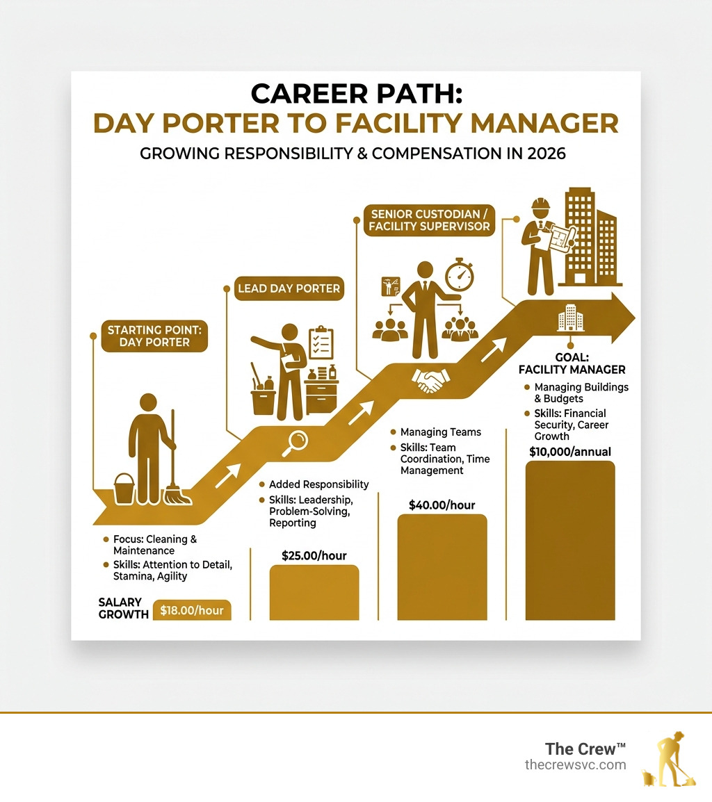 Infographic showing the career path from Day Porter to Facility Manager with salary growth - full time day porter Infographic showing the career path from Day Porter to Facility Manager with salary growth - full time day porter