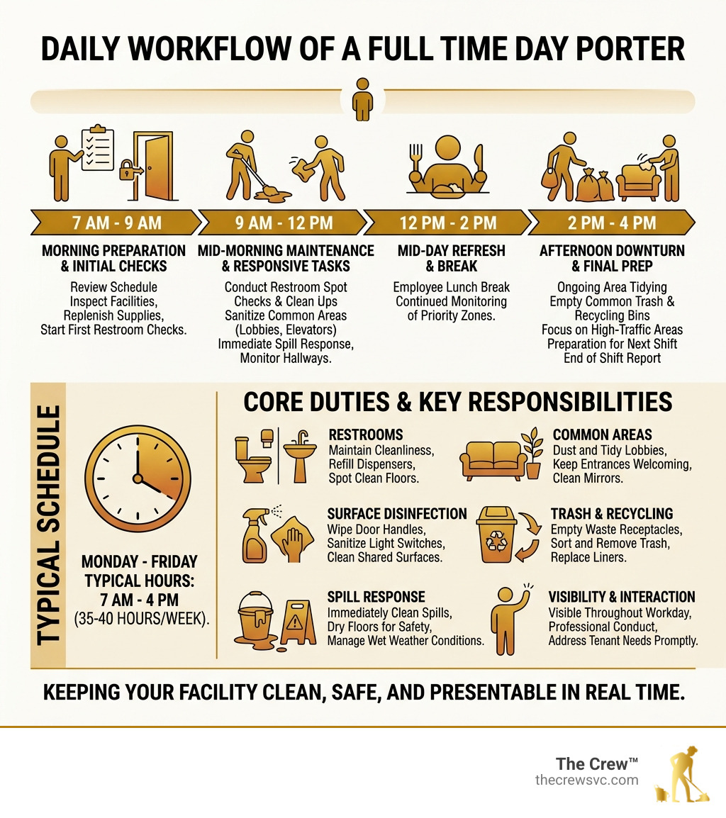 Daily workflow infographic for a full time day porter: schedule, duties, and key responsibilities - full time day porter Daily workflow infographic for a full time day porter: schedule, duties, and key responsibilities - full time day porter