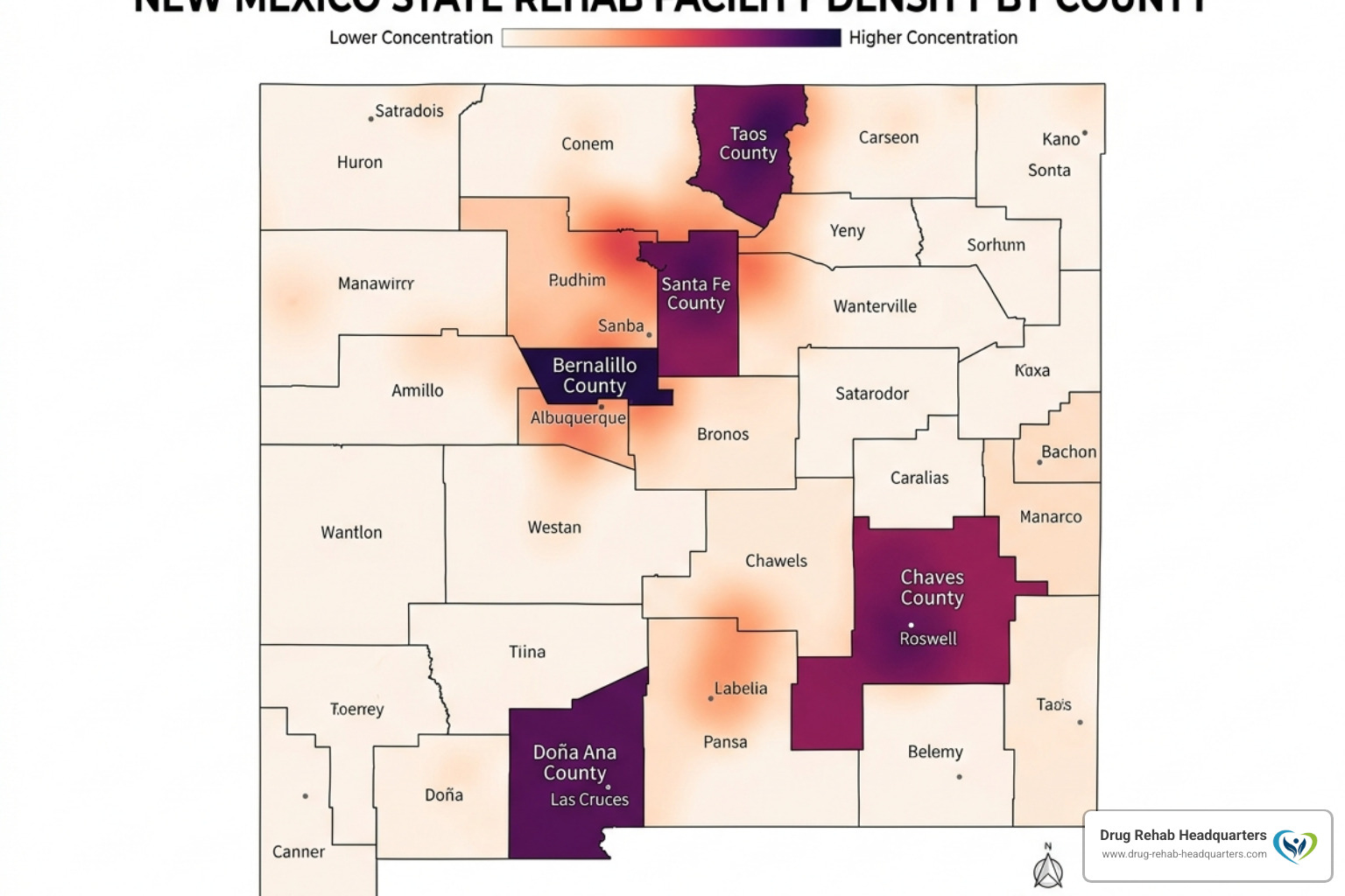 Map showing New Mexico rehab facility density by county - New Mexico drug rehab programs