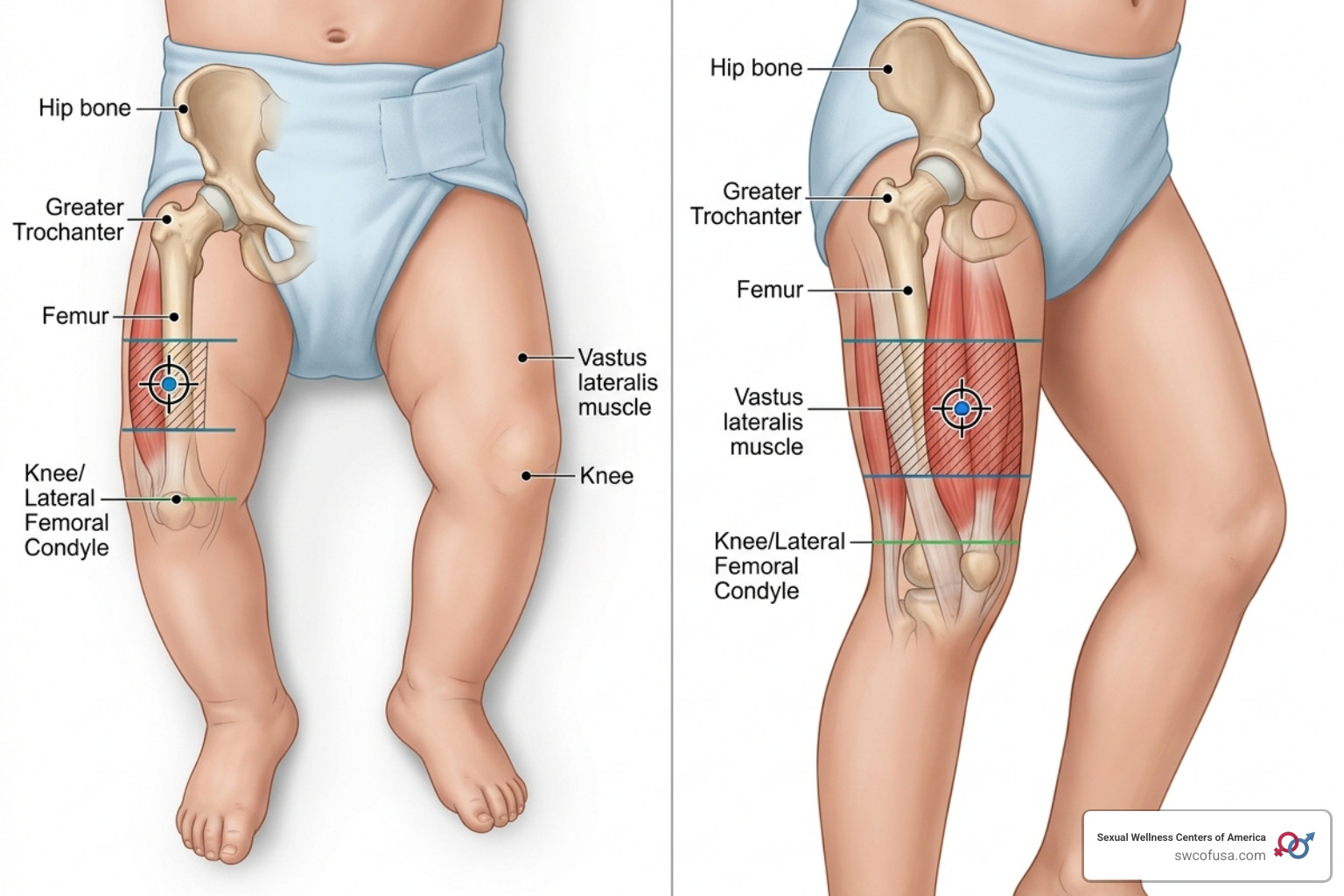 thigh injection site vastus lateralis landmarks for infants and toddlers - intramuscular vaccine administration thigh injection site vastus lateralis landmarks for infants and toddlers - intramuscular vaccine administration