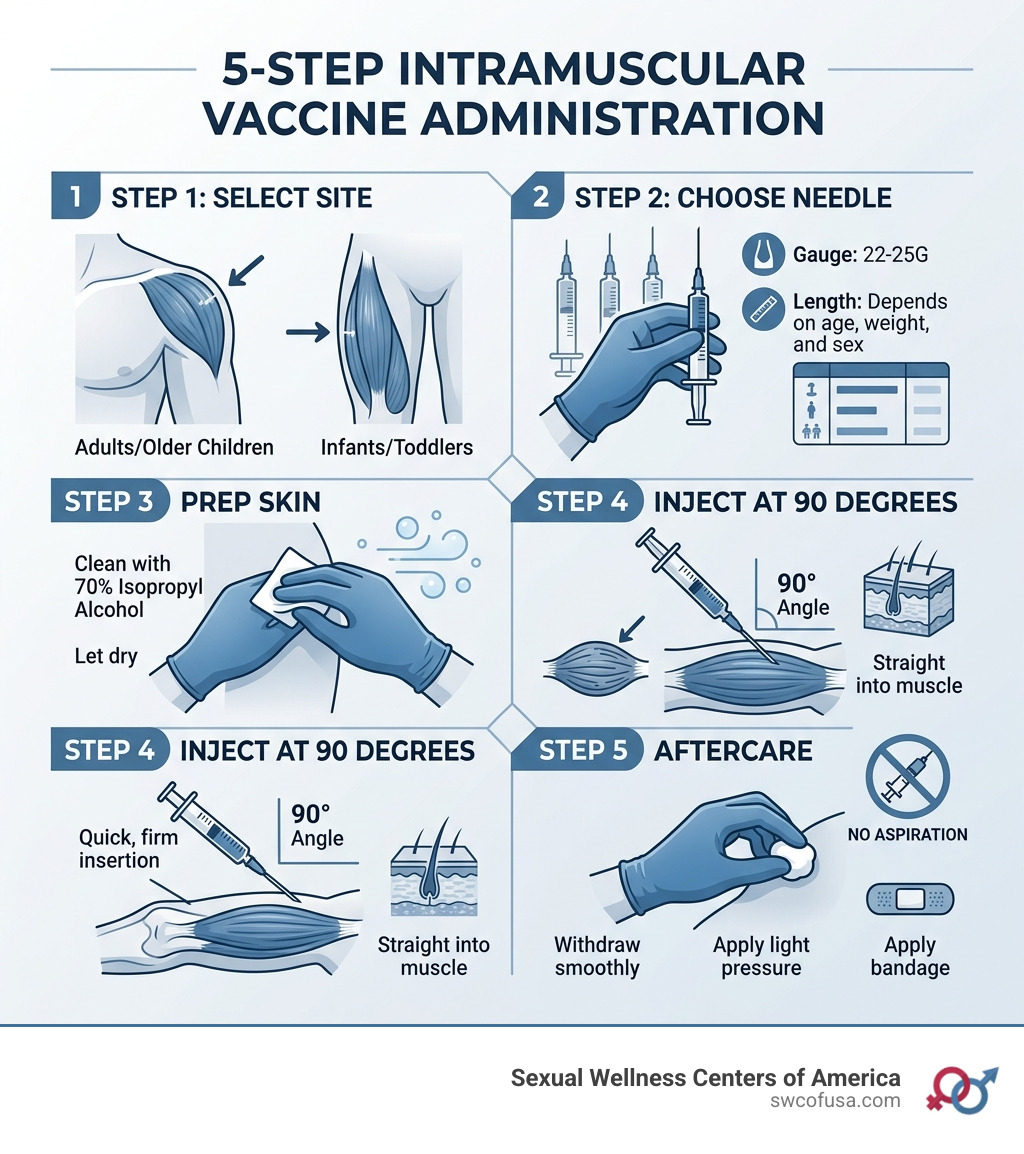 5-step intramuscular vaccine administration process infographic with site, needle, prep, angle, and aftercare 5-step intramuscular vaccine administration process infographic with site, needle, prep, angle, and aftercare