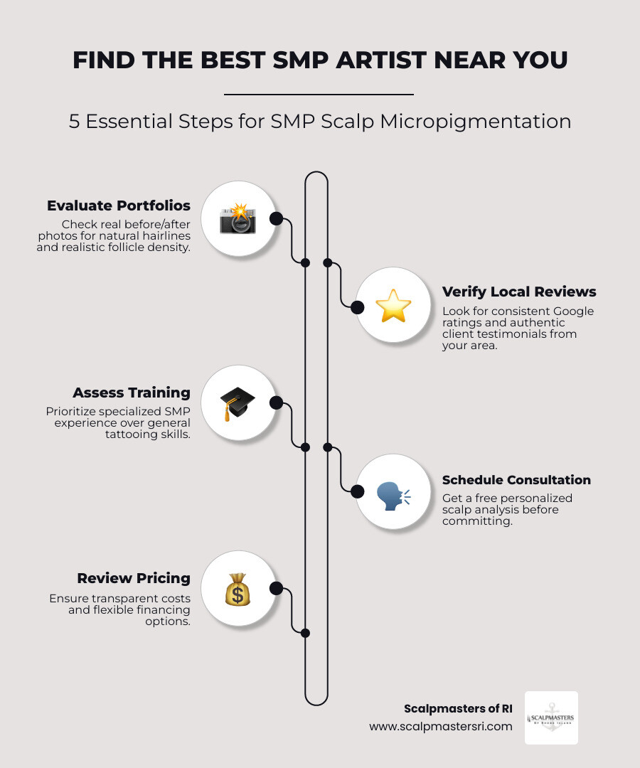 5-step infographic: how to find the best SMP scalp micropigmentation near me - smp scalp micropigmentation near me