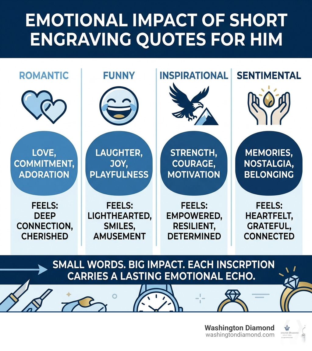 Infographic showing emotional impact of short engraving quotes for men by category: romantic, funny, inspirational