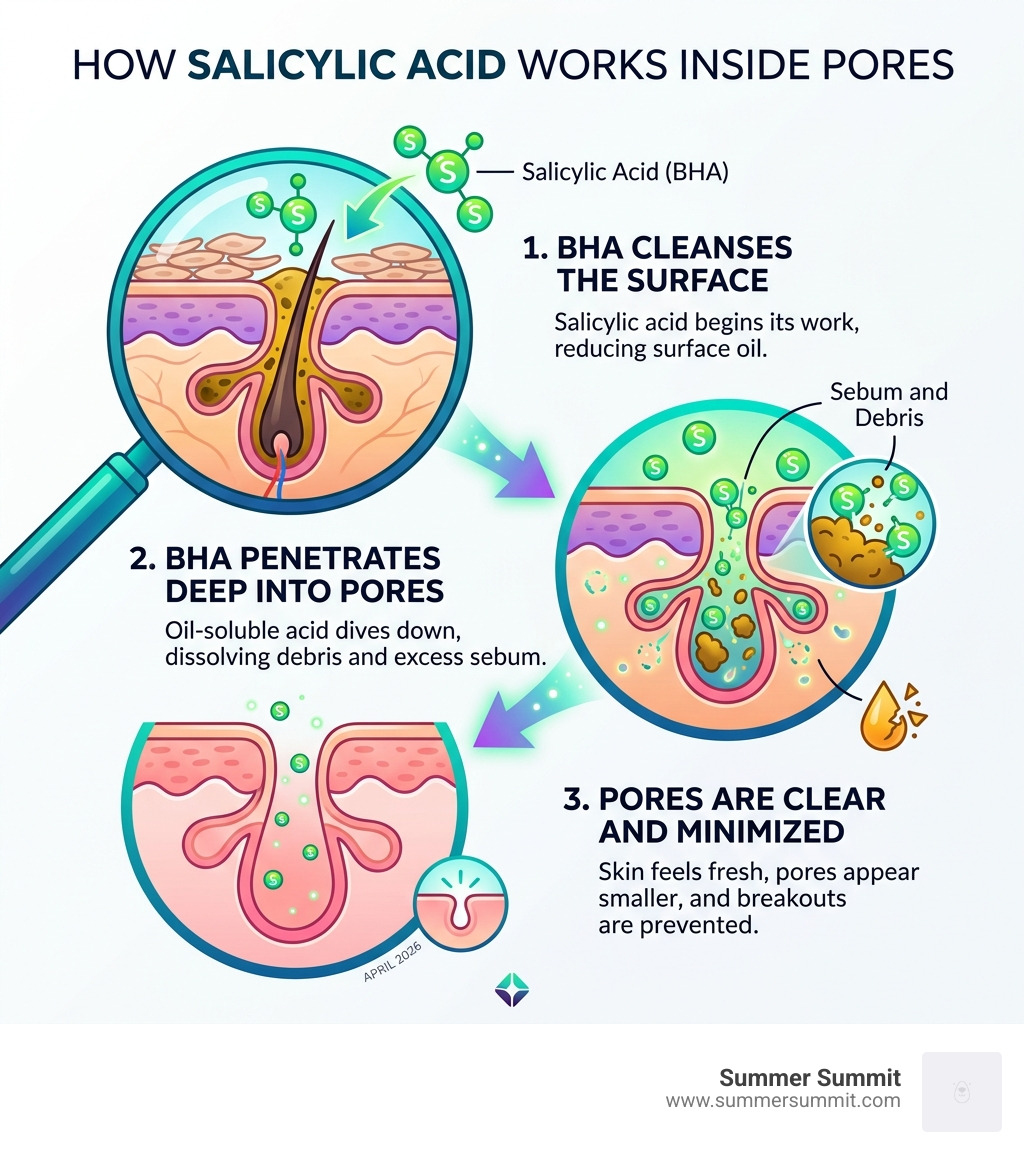 Infographic showing how salicylic acid penetrates deep into pores to dissolve sebum and debris - salicylic acid cleanser