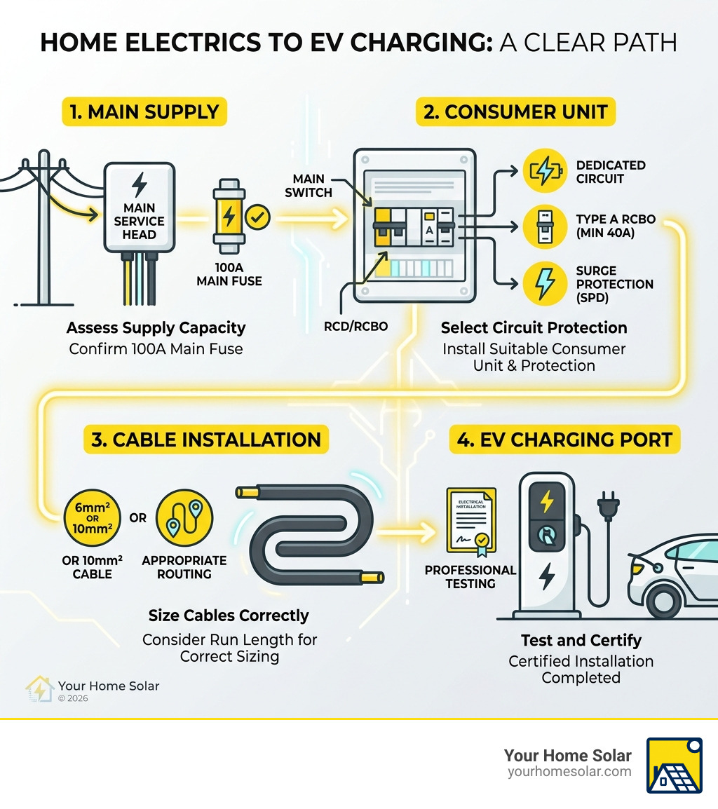 Electrical path from main service head through consumer unit to EV charging port infographic - connecting ev charger to Electrical path from main service head through consumer unit to EV charging port infographic - connecting ev charger to