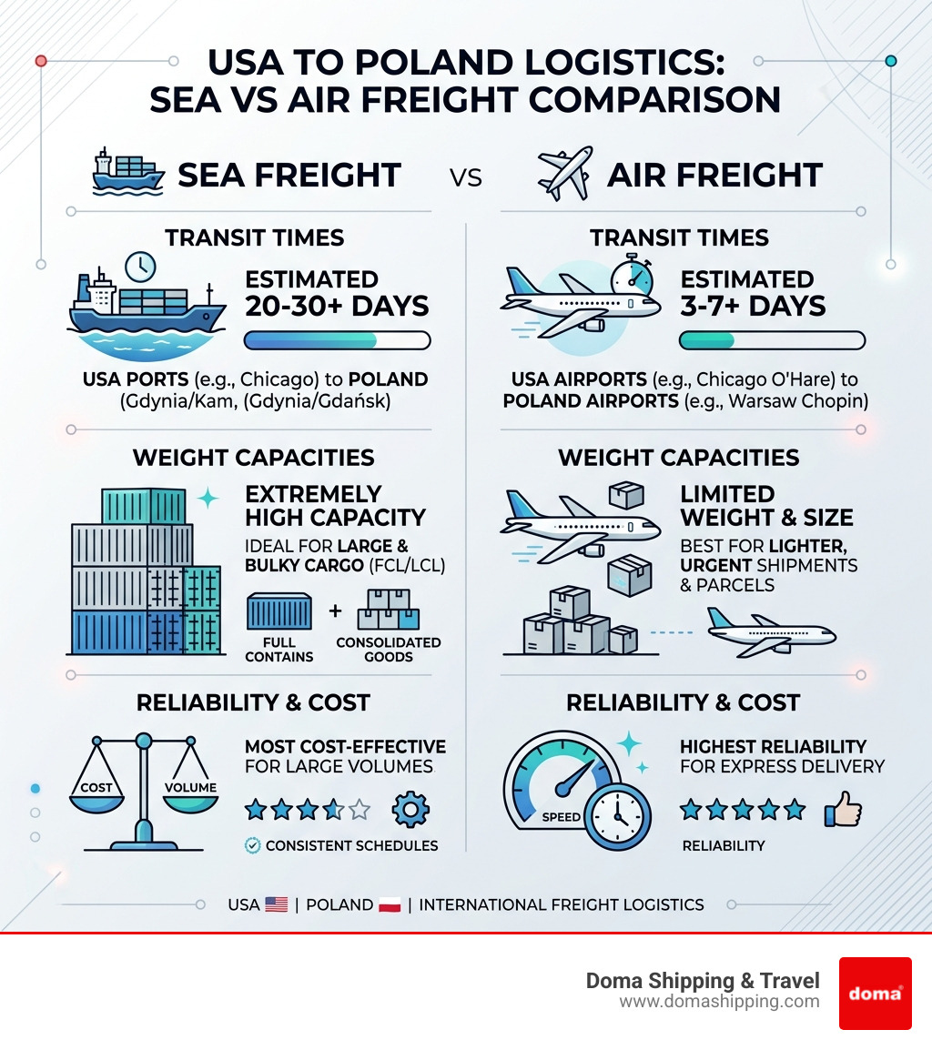 Infographic comparing sea vs air freight transit times, weight capacities, and reliability for USA to Poland routes - USA Infographic comparing sea vs air freight transit times, weight capacities, and reliability for USA to Poland routes - USA