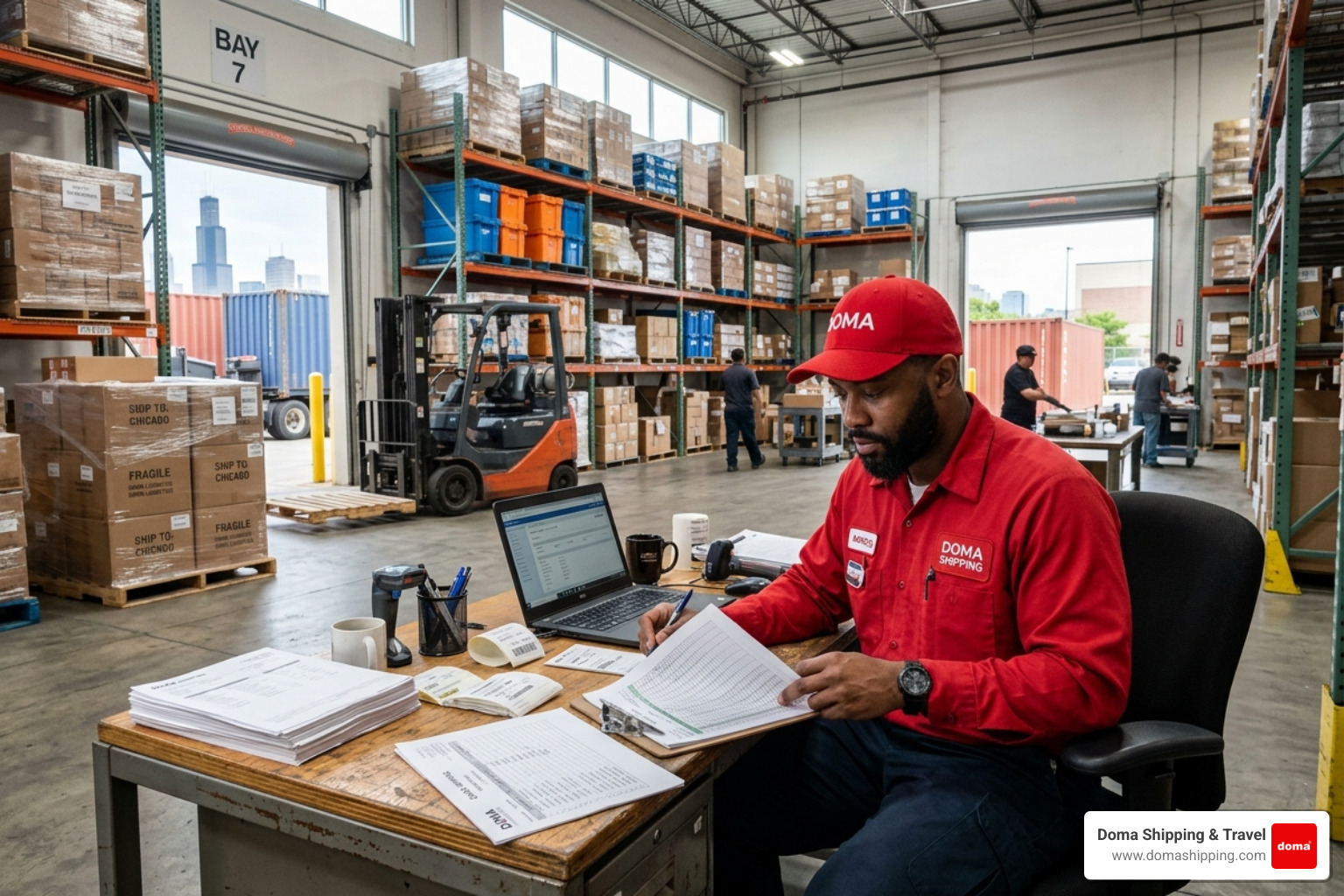 Logistics professional in red Doma Shipping uniform reviewing cargo manifests in a Chicago warehouse - USA Poland logistics Logistics professional in red Doma Shipping uniform reviewing cargo manifests in a Chicago warehouse - USA Poland logistics