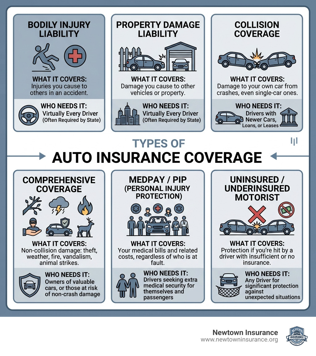 Types of auto insurance coverage infographic showing coverage types, what they cover, and who needs them - auto insurance Types of auto insurance coverage infographic showing coverage types, what they cover, and who needs them - auto insurance