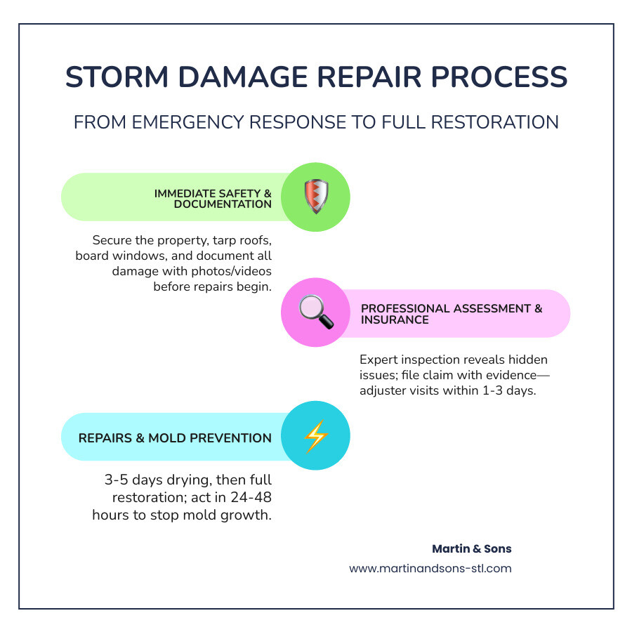 Storm damage repair process timeline from emergency response to full restoration - storm damage repairs infographic Storm damage repair process timeline from emergency response to full restoration - storm damage repairs infographic