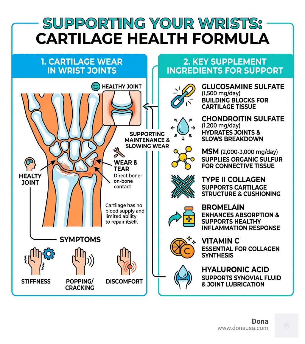 Infographic showing cartilage wear in wrist joints and key supplement ingredients for support - cartilage health wrist
