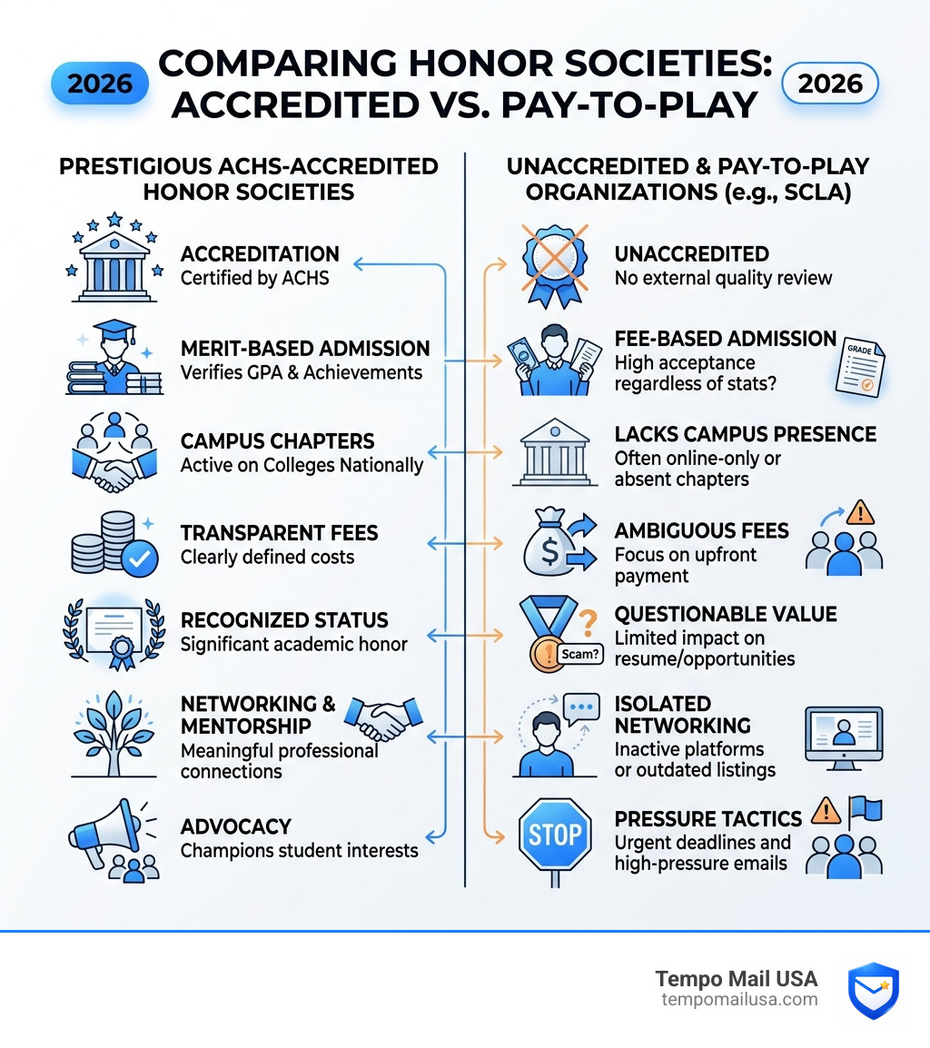 Infographic comparing prestigious ACHS-accredited honor societies vs pay-to-play organizations like SCLA in 2026 - scla Infographic comparing prestigious ACHS-accredited honor societies vs pay-to-play organizations like SCLA in 2026 - scla