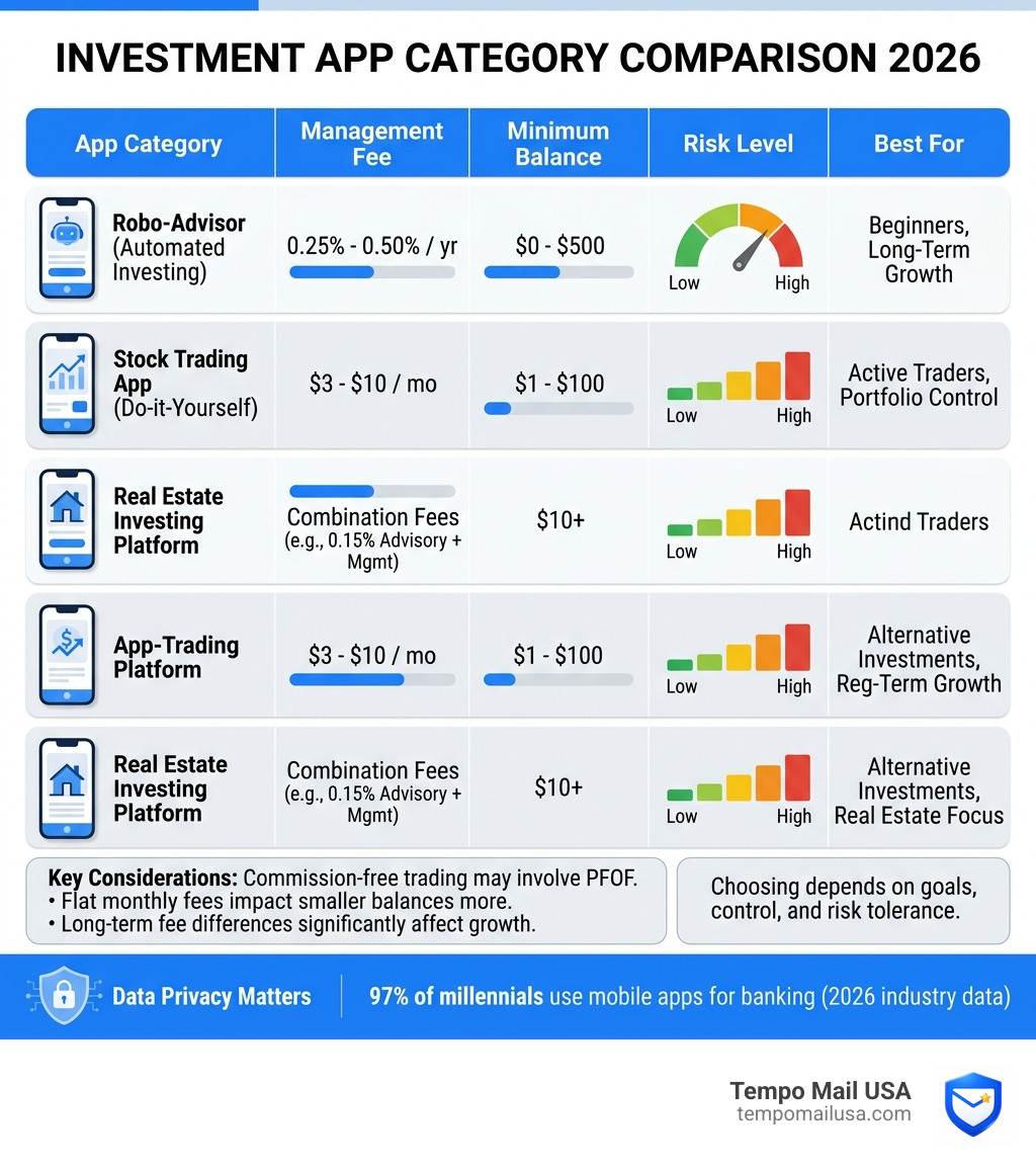 Comparison infographic of investment app categories fees minimums and risk levels 2026 - Best Investment Apps Portfolio