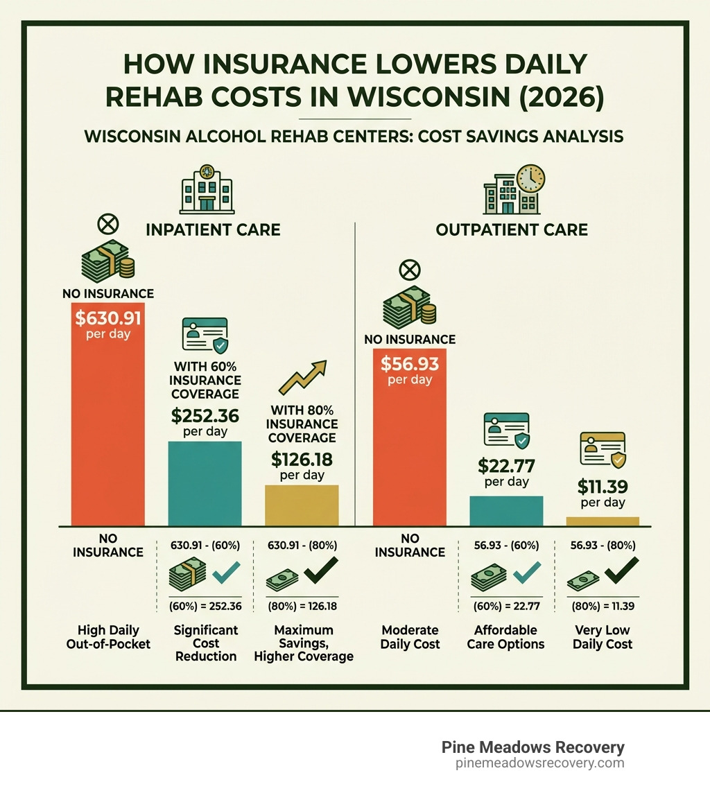 Infographic showing how insurance coverage significantly lowers the daily cost of alcohol rehab in Wisconsin - wisconsin Infographic showing how insurance coverage significantly lowers the daily cost of alcohol rehab in Wisconsin - wisconsin