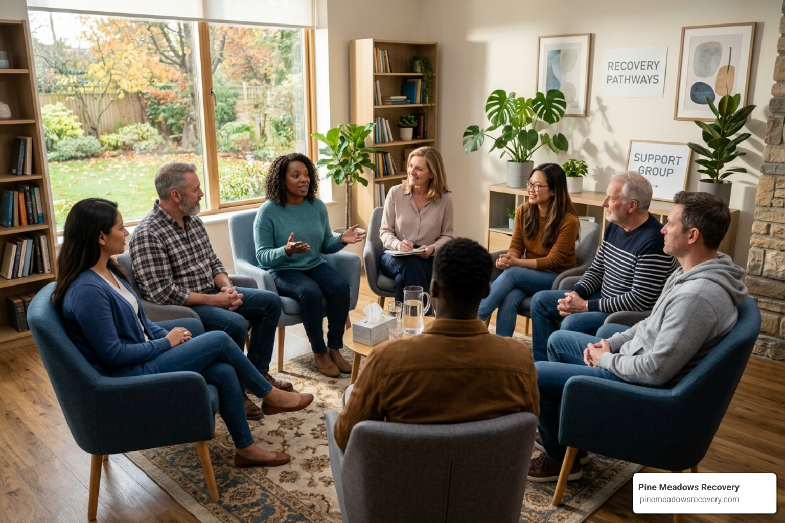 A supportive group therapy session with people sitting in a circle, sharing experiences in a bright, modern room - wisconsin A supportive group therapy session with people sitting in a circle, sharing experiences in a bright, modern room - wisconsin
