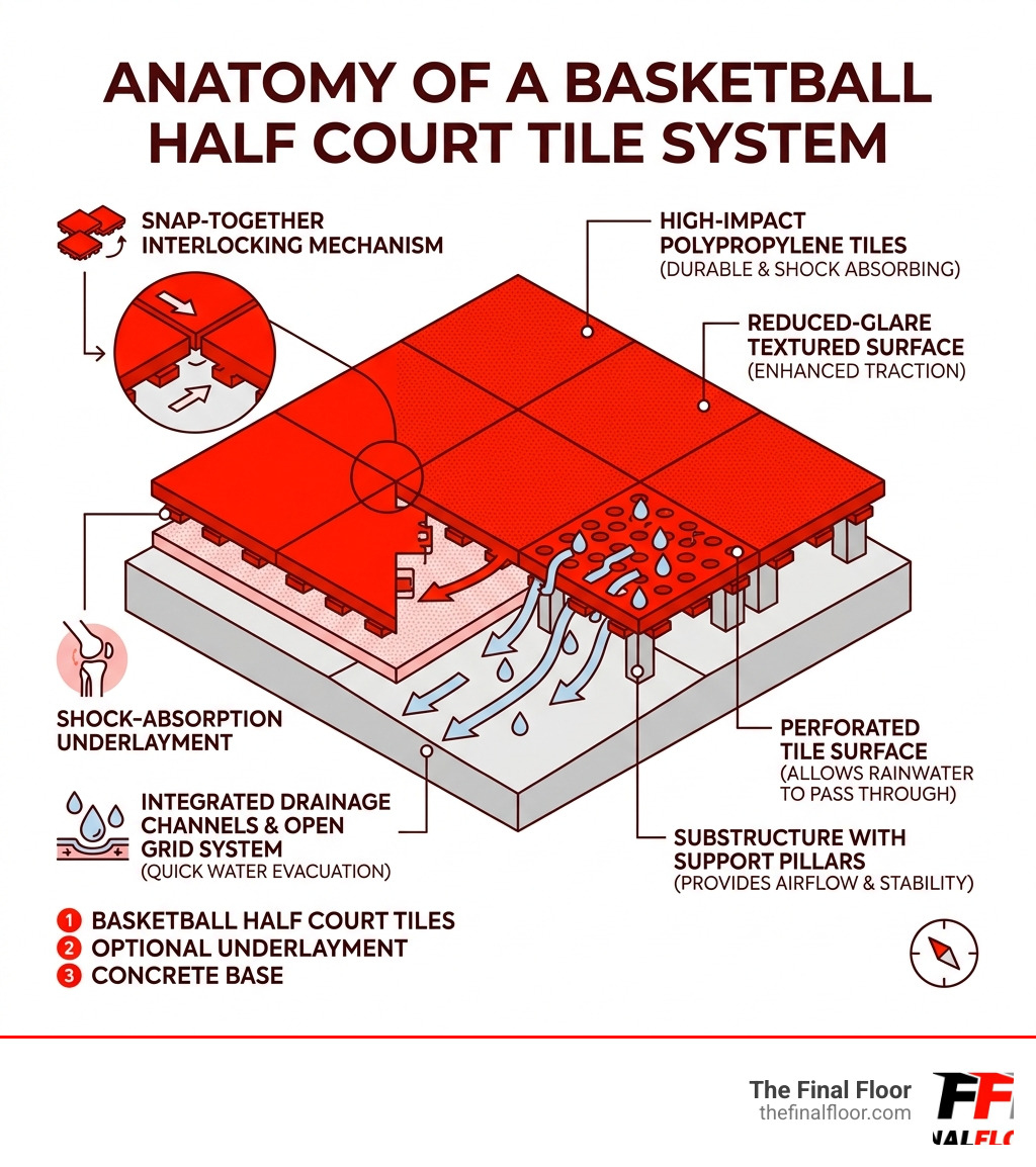 Anatomy of a basketball half court tile system showing layers, drainage, and interlocking mechanism - basketball half court