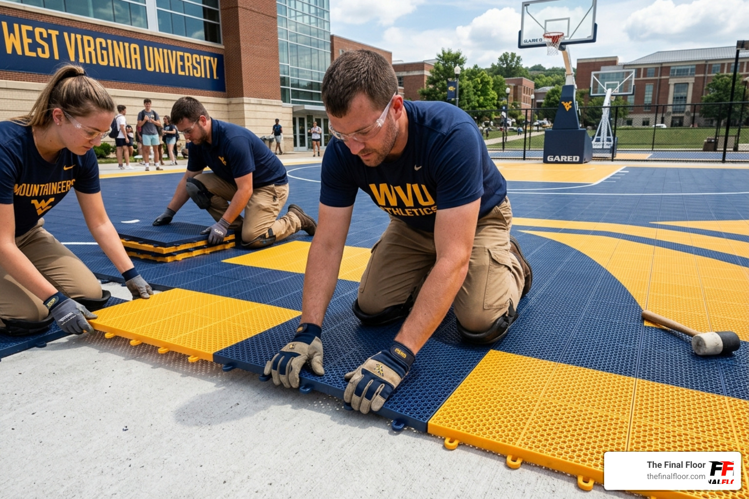 Large-scale commercial court installation showing the precision of interlocking modular tiles - basketball half court tiles