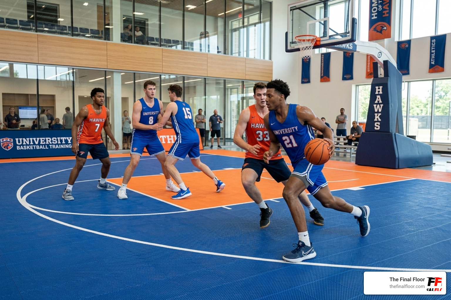 Professional athletes training on a high-performance modular court surface in a university gym - basketball half court tiles