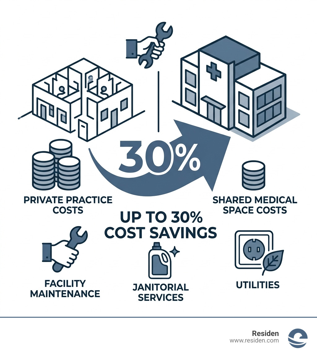 Stat showing 30% cost savings for shared medical spaces - shared medical procedure space infographic Stat showing 30% cost savings for shared medical spaces - shared medical procedure space infographic