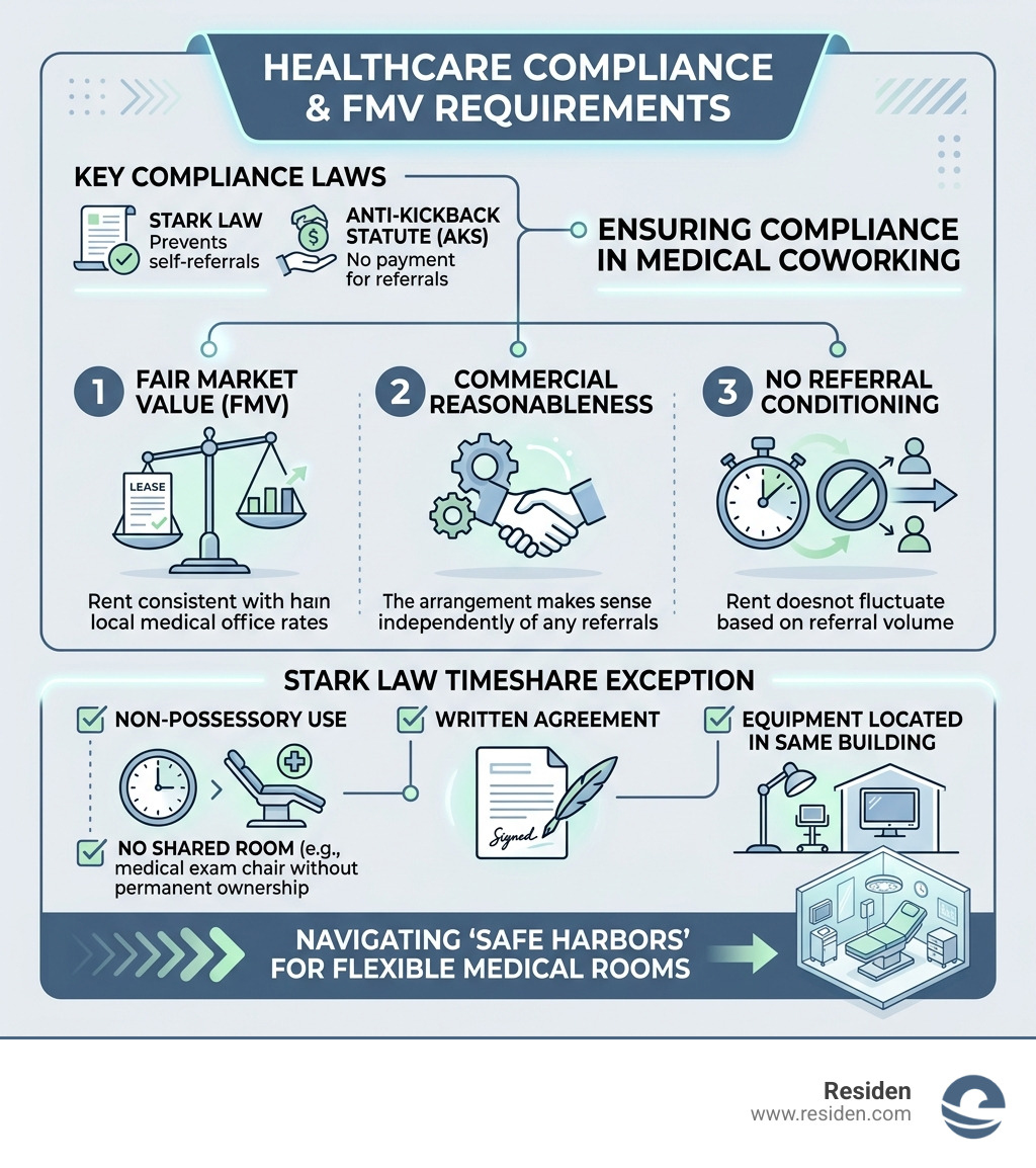 Infographic on healthcare compliance and FMV requirements - no lease medical rooms infographic 