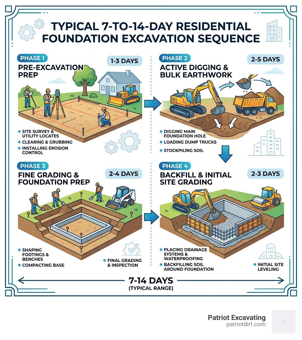 Infographic showing typical 7-to-14-day residential foundation excavation sequence with phases and durations - how long does