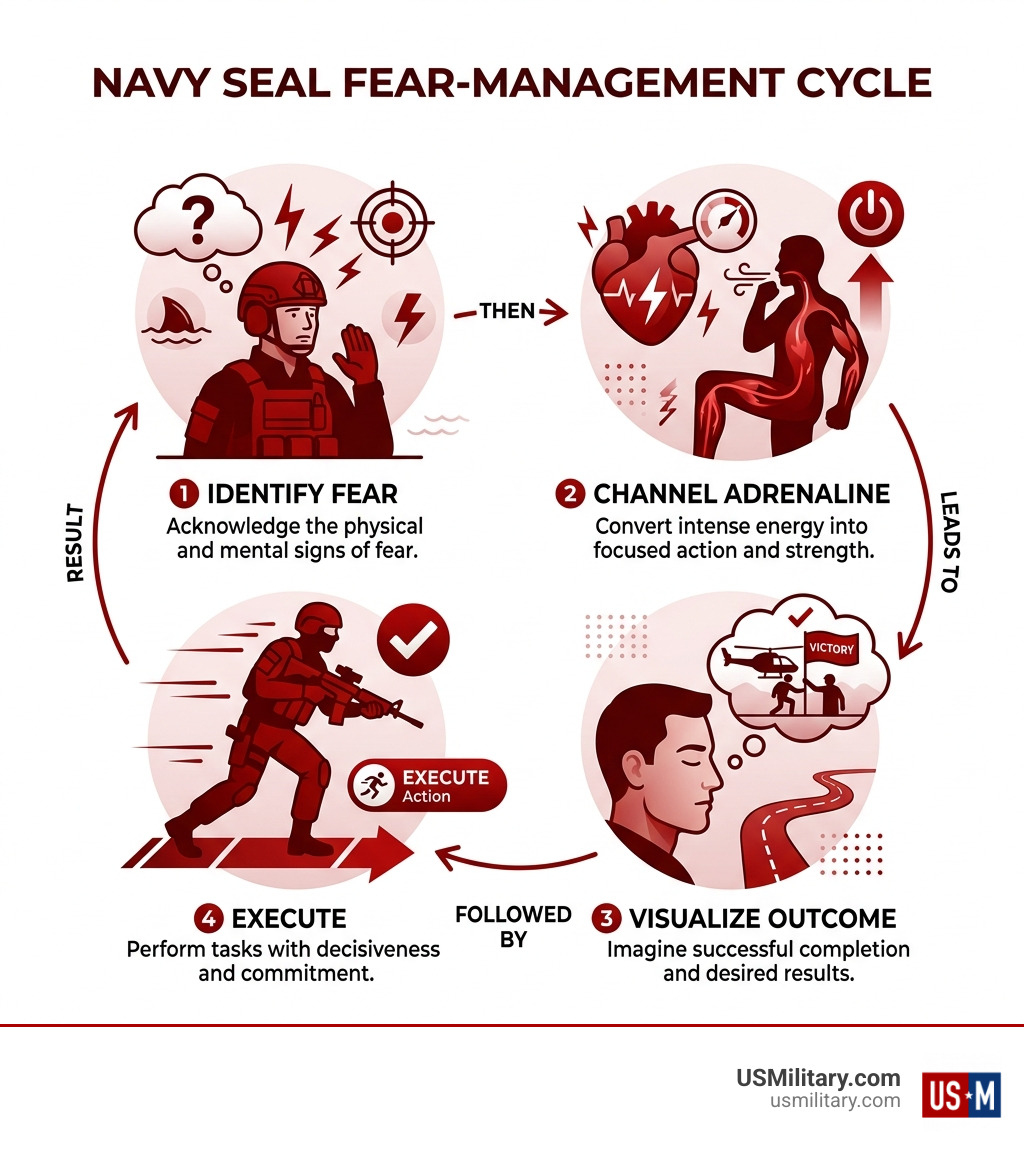 Infographic showing the SEAL fear-management cycle: identify fear, channel adrenaline, visualize outcome, execute - 10 Infographic showing the SEAL fear-management cycle: identify fear, channel adrenaline, visualize outcome, execute - 10