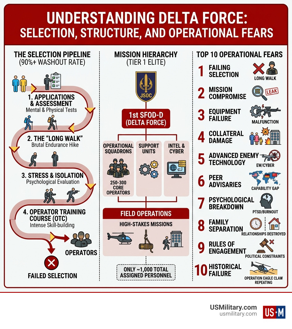 Infographic showing Delta Force selection pipeline, mission hierarchy, and top 10 operational fears - 10 Things That Army