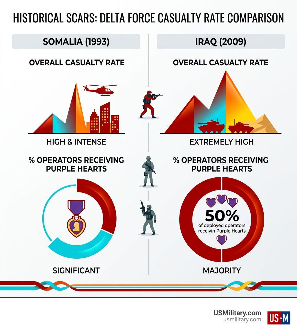 Infographic comparing Delta Force historical casualty rates in Iraq vs. Somalia - 10 Things That Army Delta Force Fears The
