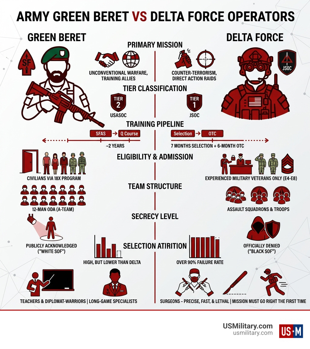 Infographic comparing Army Green Beret vs Delta Force Operators: missions, tier, training, and eligibility - Army Green