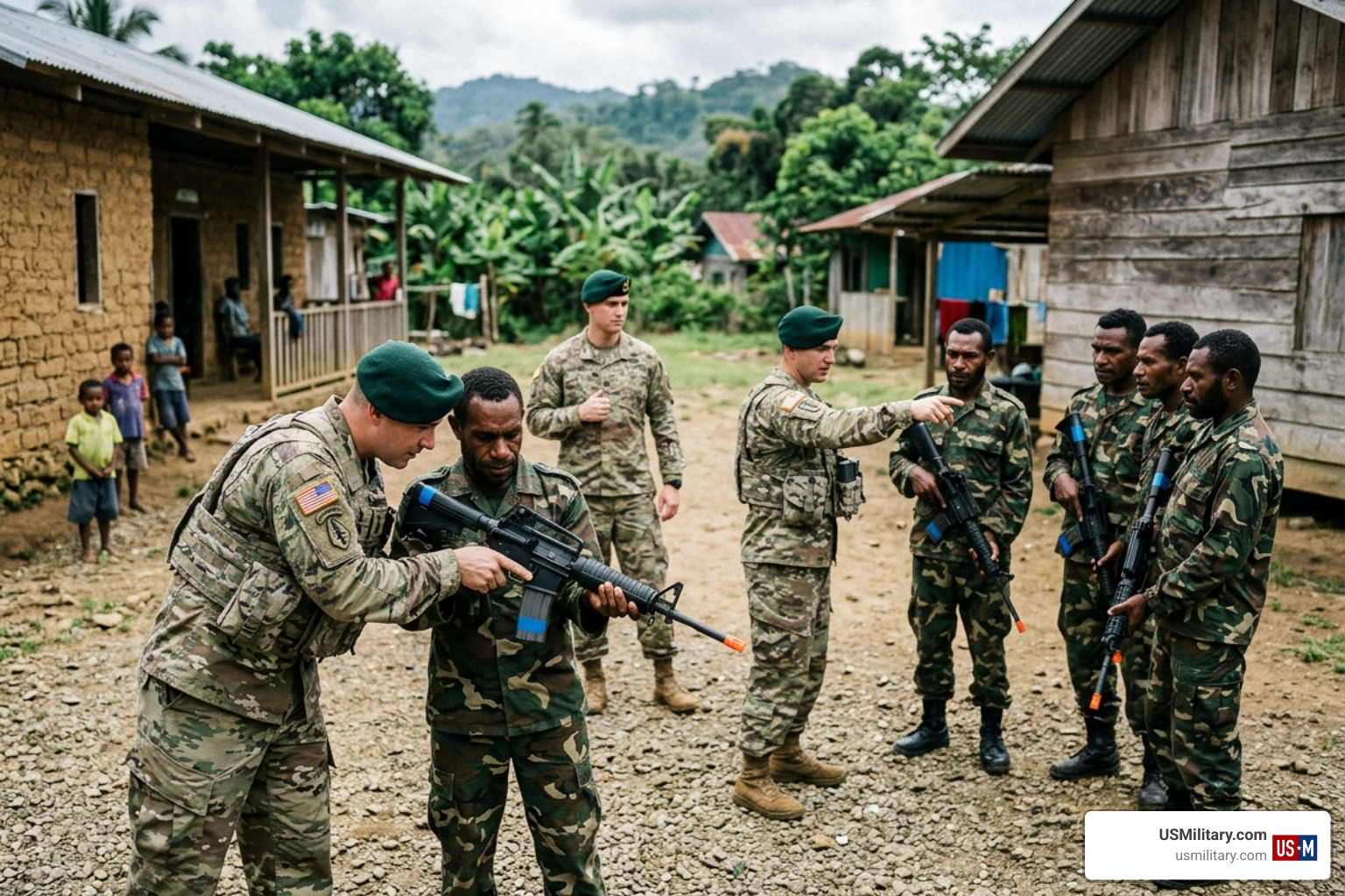 U.S. Army Green Berets training foreign indigenous forces in a rural village - Army Green Beret vs Delta Force Operators