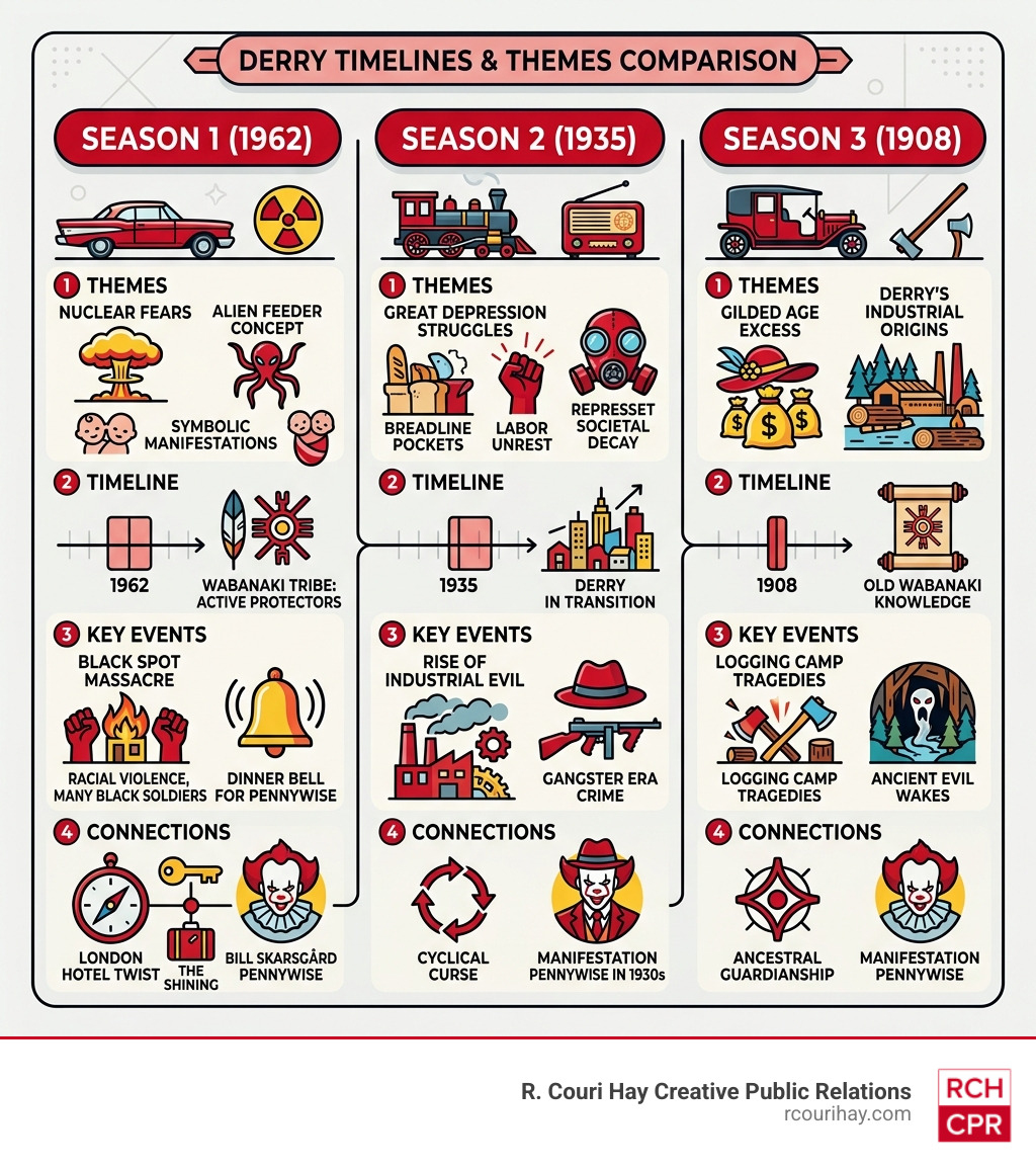 Infographic comparing Season 1 (1962), Season 2 (1935), and Season 3 (1908) timelines and themes - welcome to derry Infographic comparing Season 1 (1962), Season 2 (1935), and Season 3 (1908) timelines and themes - welcome to derry