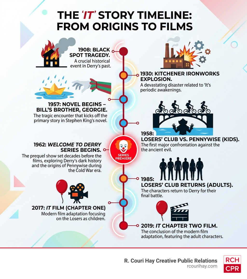 IT timeline infographic from 1908 origins to 2019 films showing Welcome to Derry's place in the story - welcome to derry IT timeline infographic from 1908 origins to 2019 films showing Welcome to Derry's place in the story - welcome to derry