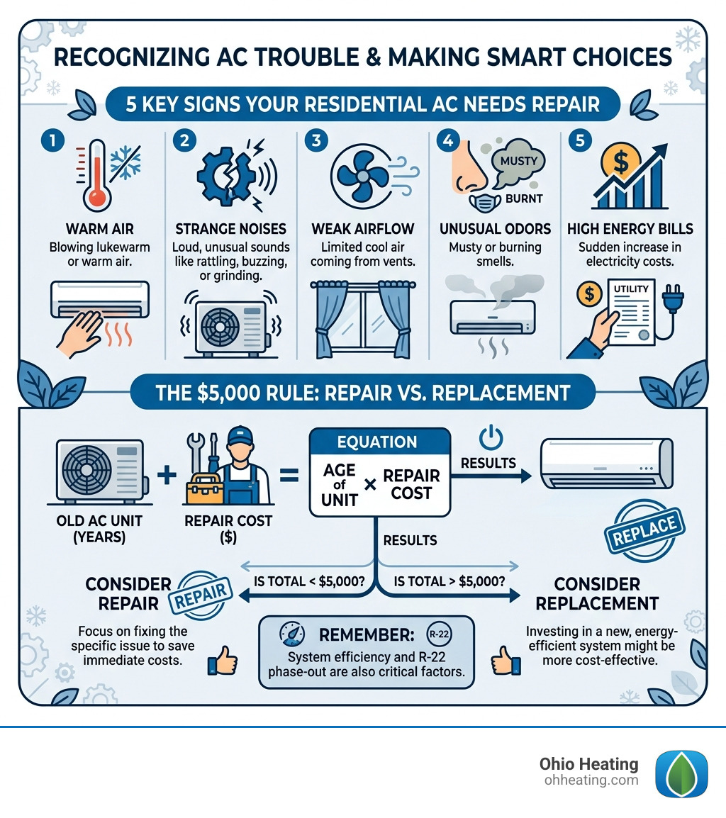 Infographic showing 5 key signs your residential AC needs repair and the $5,000 repair vs replacement rule - Residential