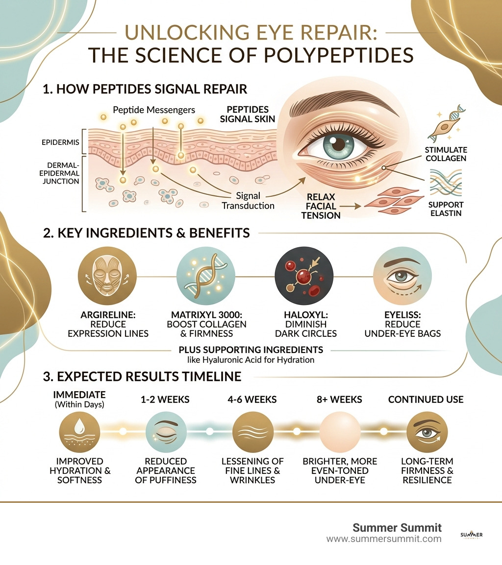 Infographic showing how peptides signal skin repair around the eye area, key ingredients, and expected results timeline
