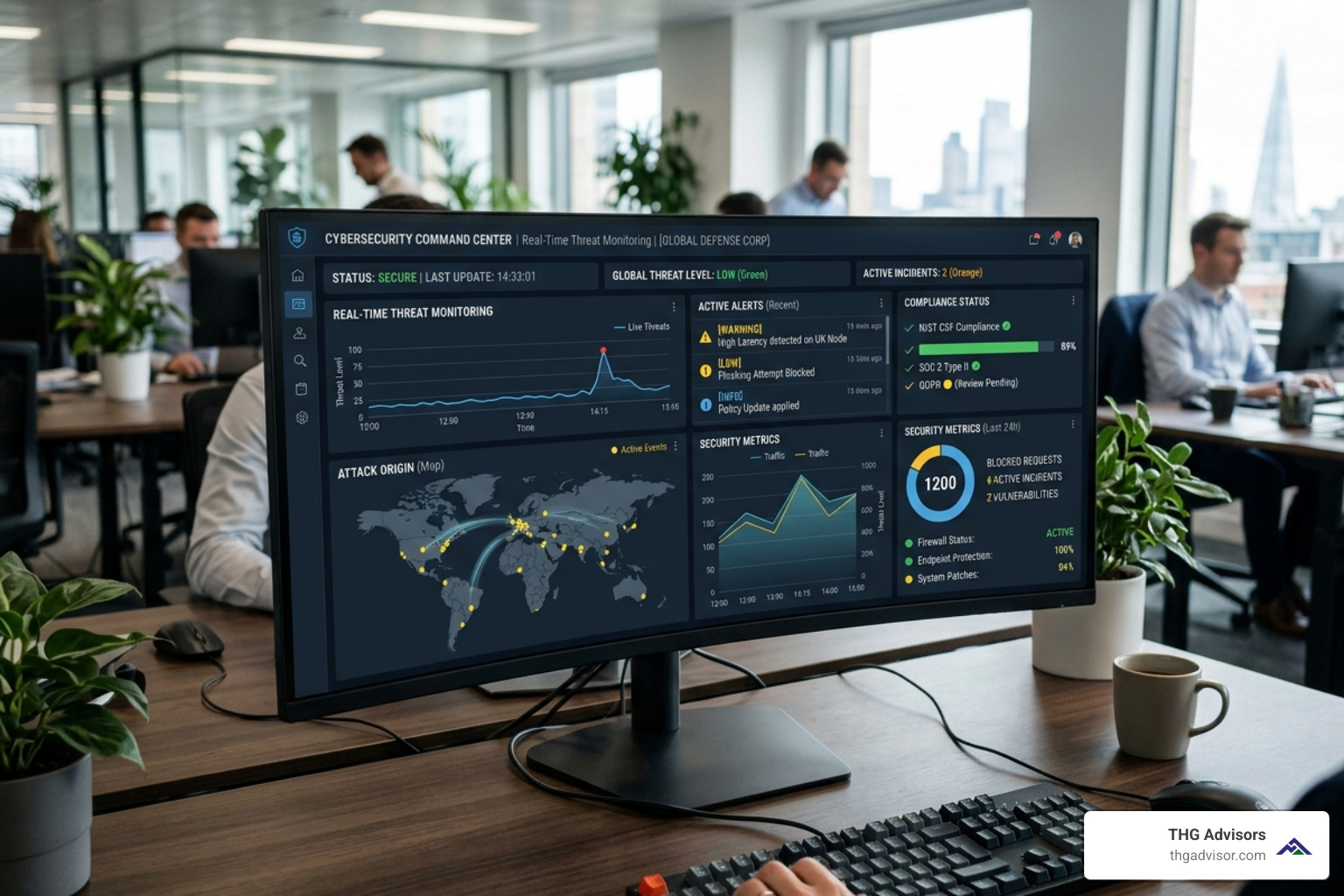 Cybersecurity dashboard showing real-time threat monitoring and compliance status - fractional cio services Cybersecurity dashboard showing real-time threat monitoring and compliance status - fractional cio services