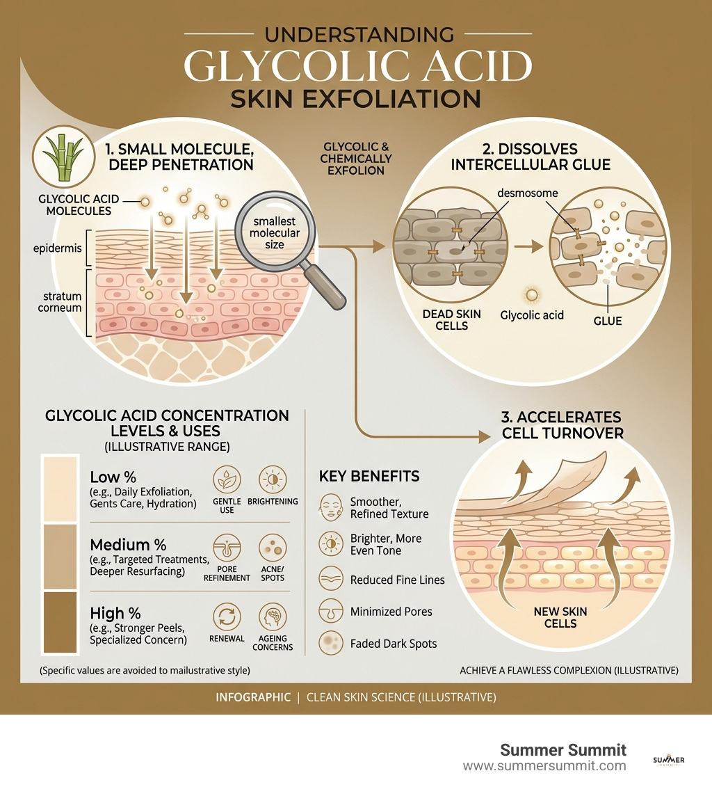 Infographic showing how glycolic acid chemically exfoliates skin, with concentration levels and key benefits - flawless