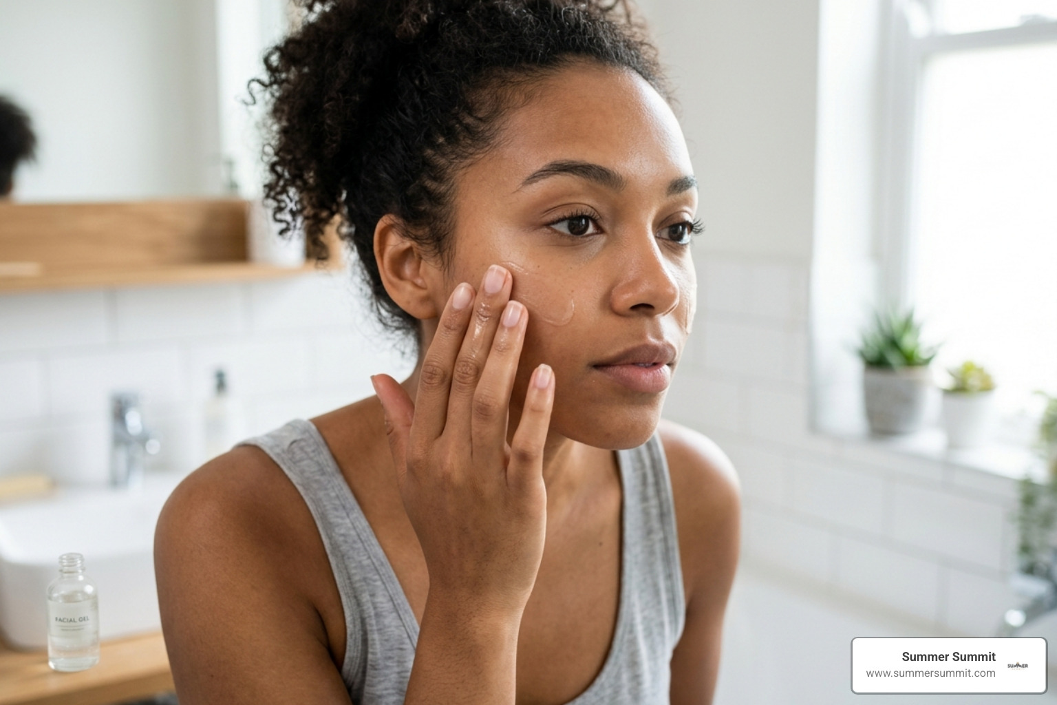 Woman applying a thin layer of facial gel with clean fingertips - flawless complexion glycolic gel