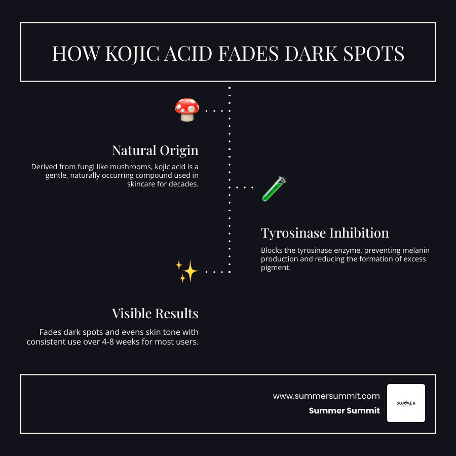 Kojic acid science infographic: how tyrosinase inhibition reduces melanin and fades dark spots - face cream with kojic acid
