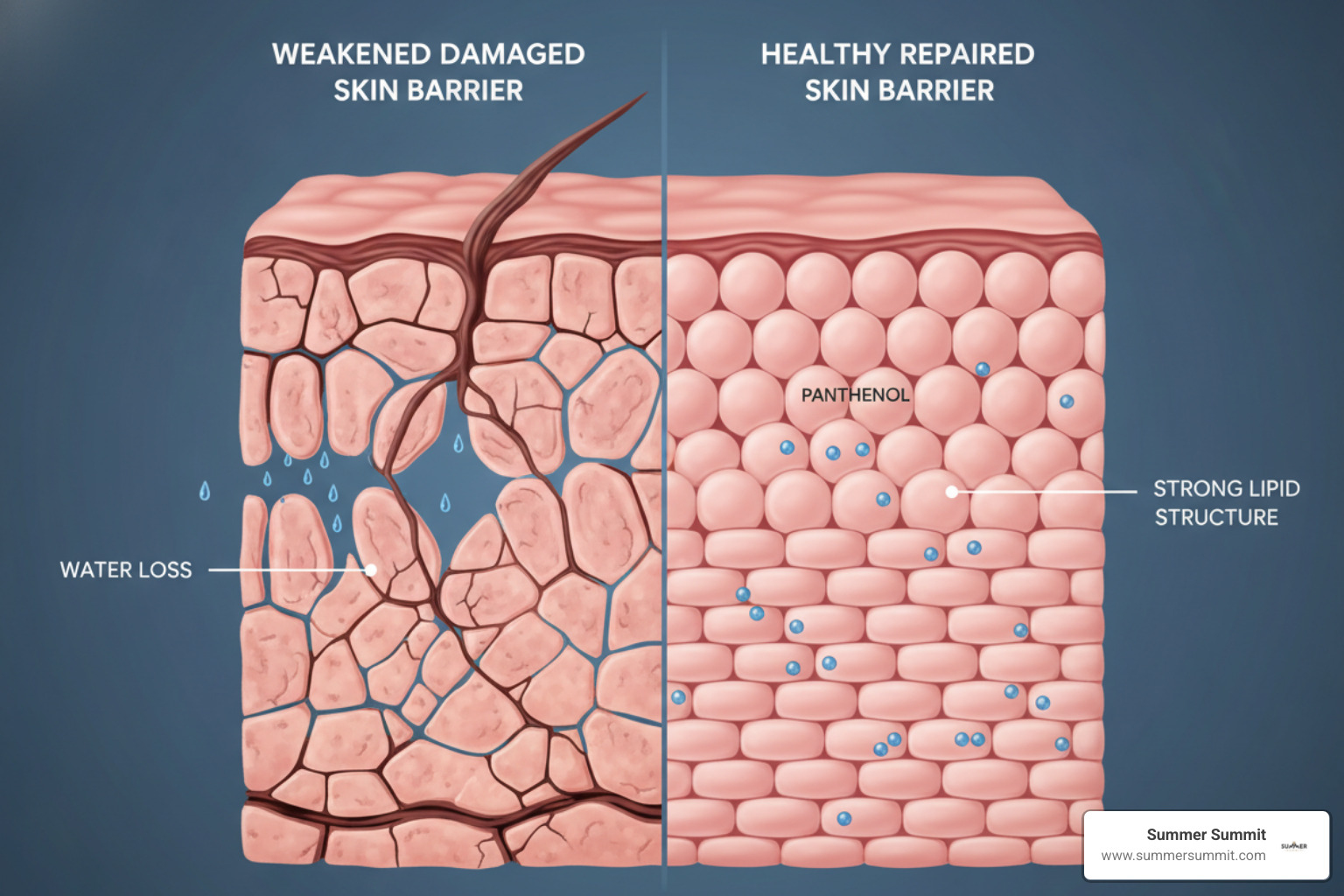 Comparison of a weakened skin barrier vs a healthy barrier repaired with Panthenol - panthenol vitamin b5 for skin