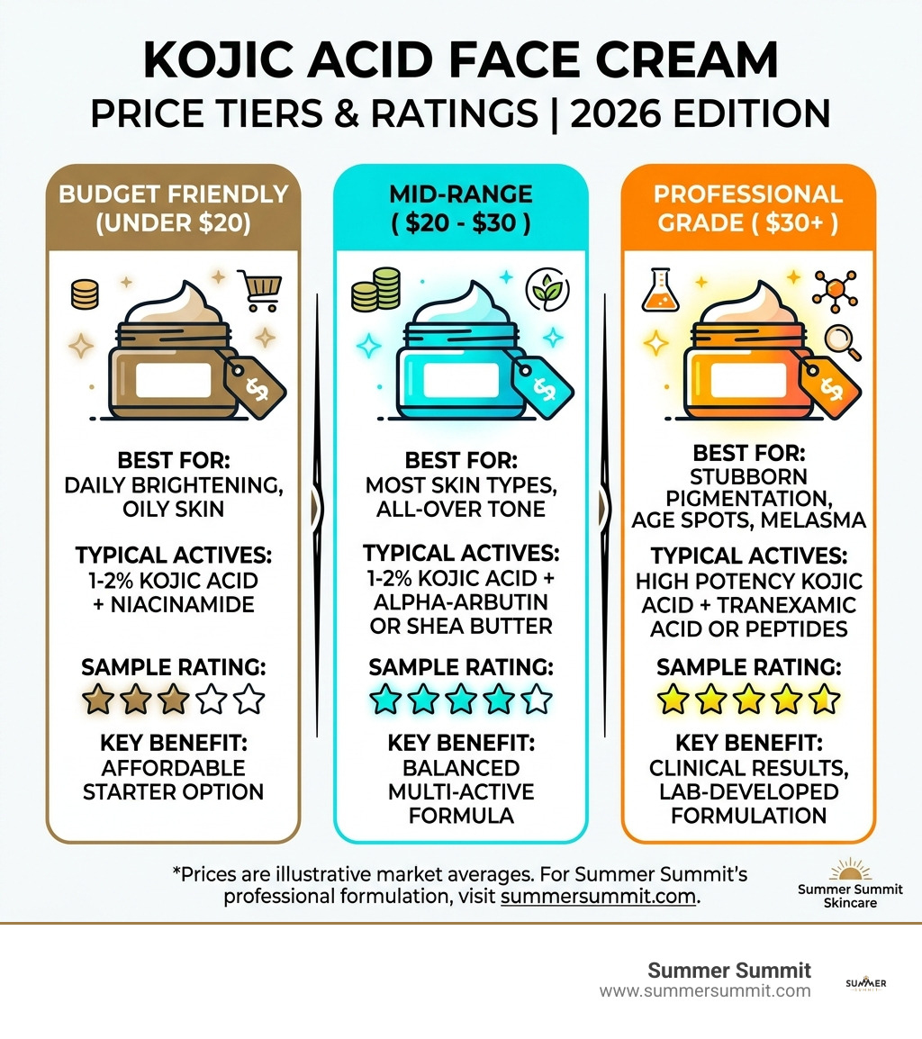 Comparison table of kojic acid face cream price tiers and ratings - face cream with kojic acid infographic