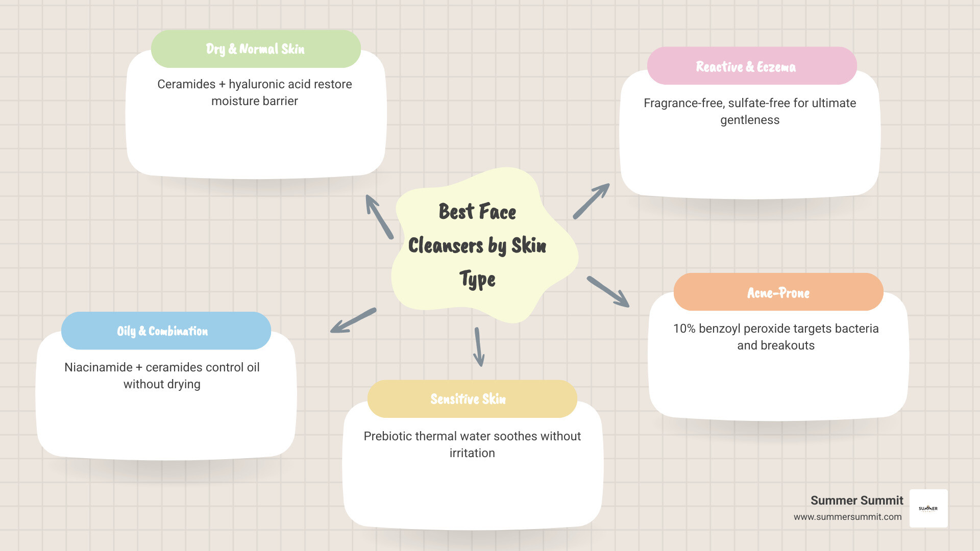 Best face cleansers by skin type, ingredients, and price range infographic - top rated face cleanser infographic