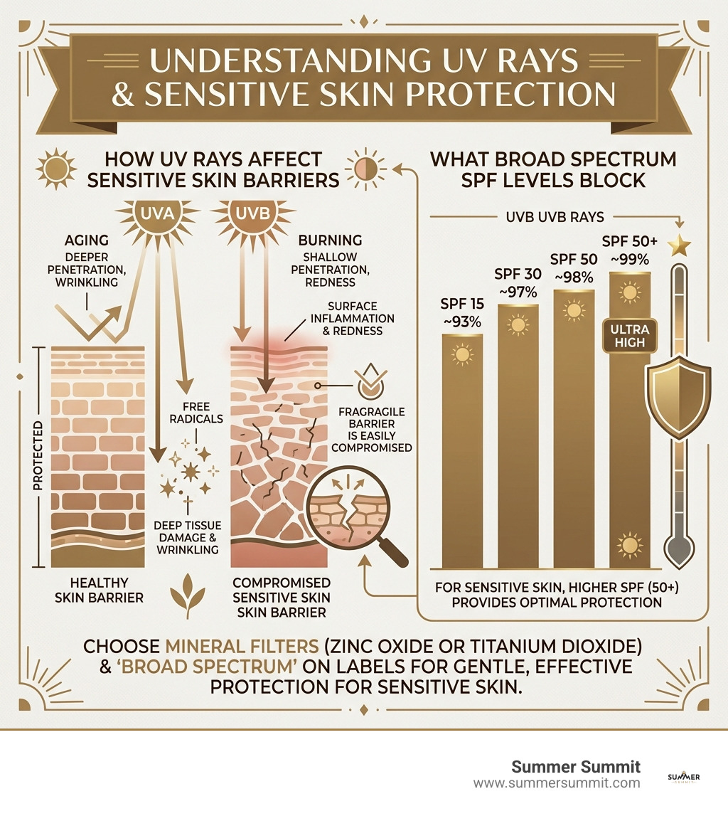 Infographic showing how UVA and UVB rays affect sensitive skin barriers and what SPF levels block - best sun creams for